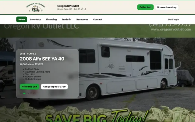 Oregon RV Outlet vehicle inventory website