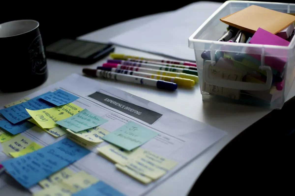 Project notes and highlighters on a work table