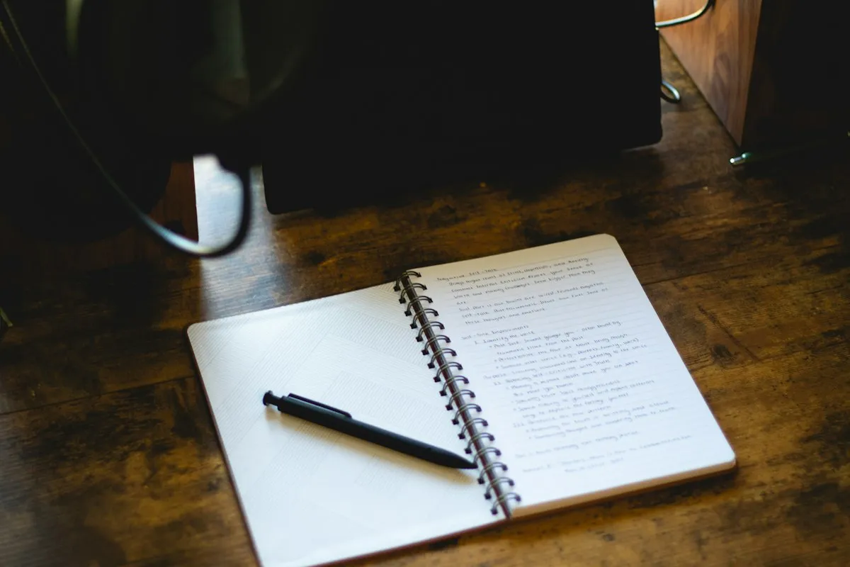Open notebook and pen on a wooden desk