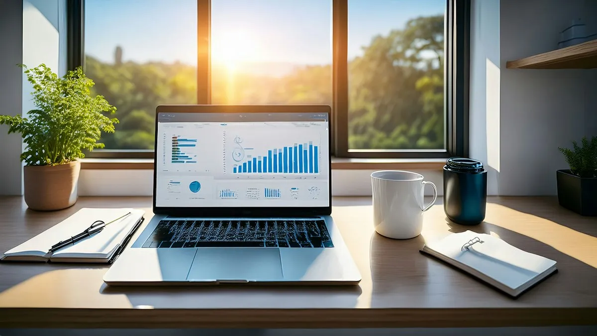 Illustrative laptop dashboard beside a sunny window