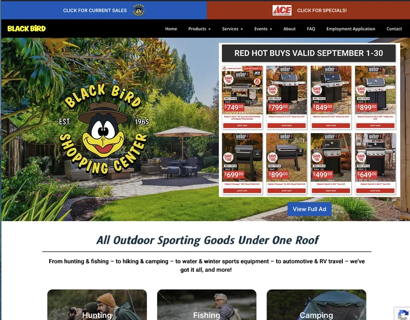 The Black Bird homepage with its seasonal sales ad fully loaded