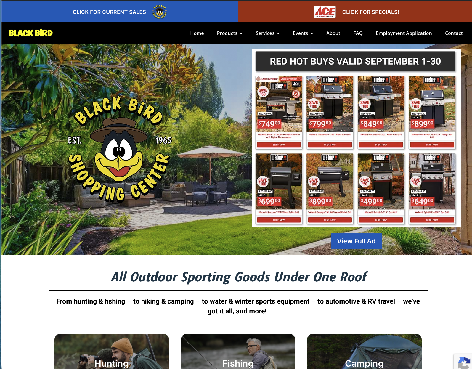The Black Bird homepage with its seasonal sales ad fully loaded