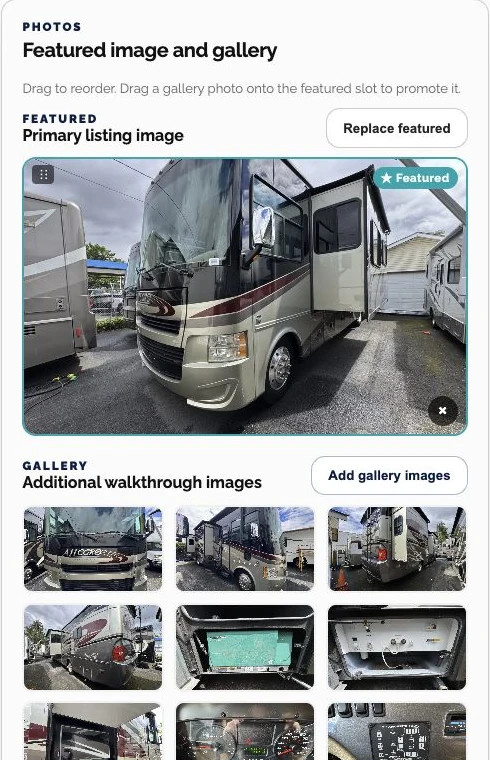 Gresham RV photo manager showing a Tiffin motorhome featured image and walkthrough gallery