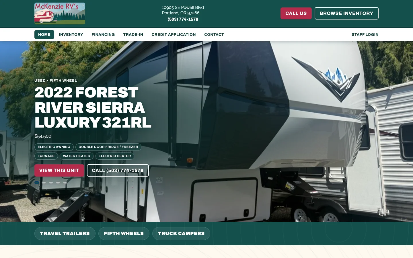 McKenzie RV’s public inventory website. Captured during the website project.