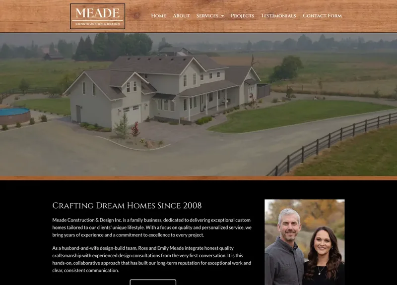 Meade Construction and Design website featuring a custom home and the owners