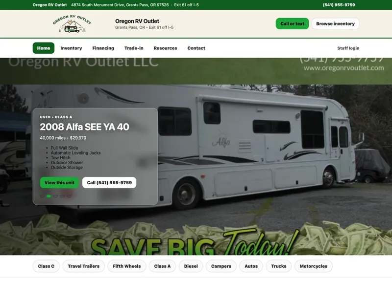 Oregon RV Outlet website with vehicle inventory and a direct way to contact the dealership