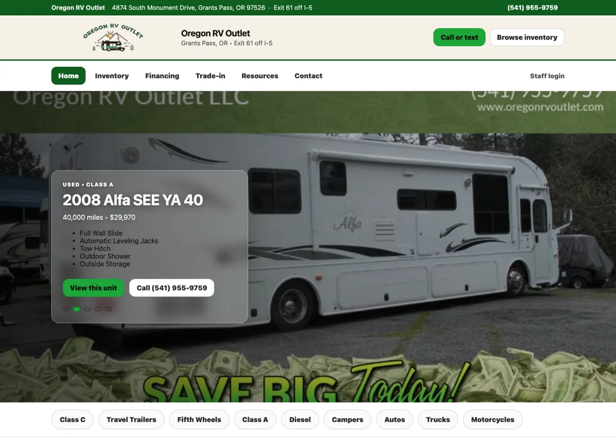 Oregon RV Outlet inventory website