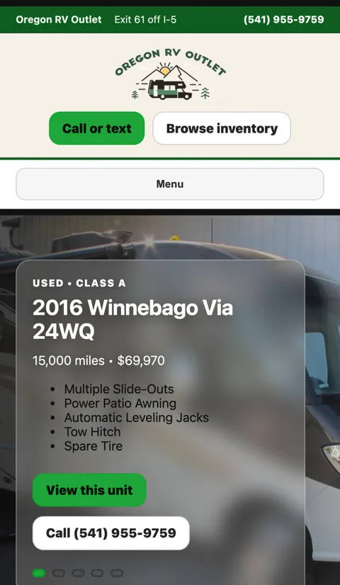 Oregon RV Outlet mobile website layout