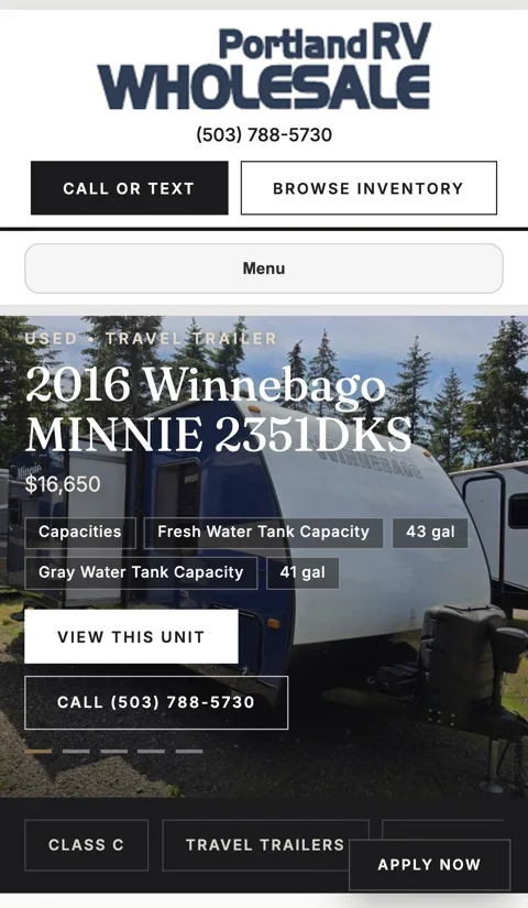 Portland RV Wholesale mobile website layout