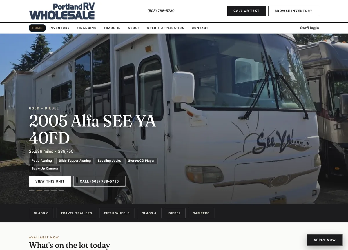 Portland RV Wholesale website design