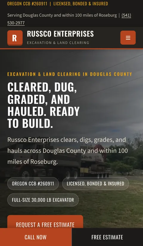 Russco Enterprises on a phone, with service information above a prominent Call Now button